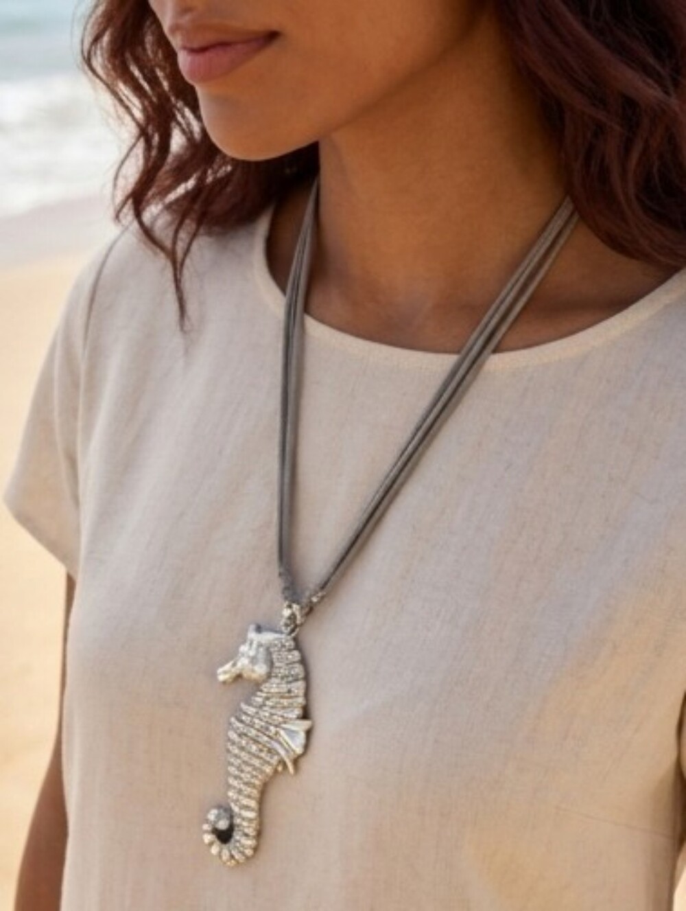 Seahorse Pendant Nautical Necklace in Silver on Gray Cord